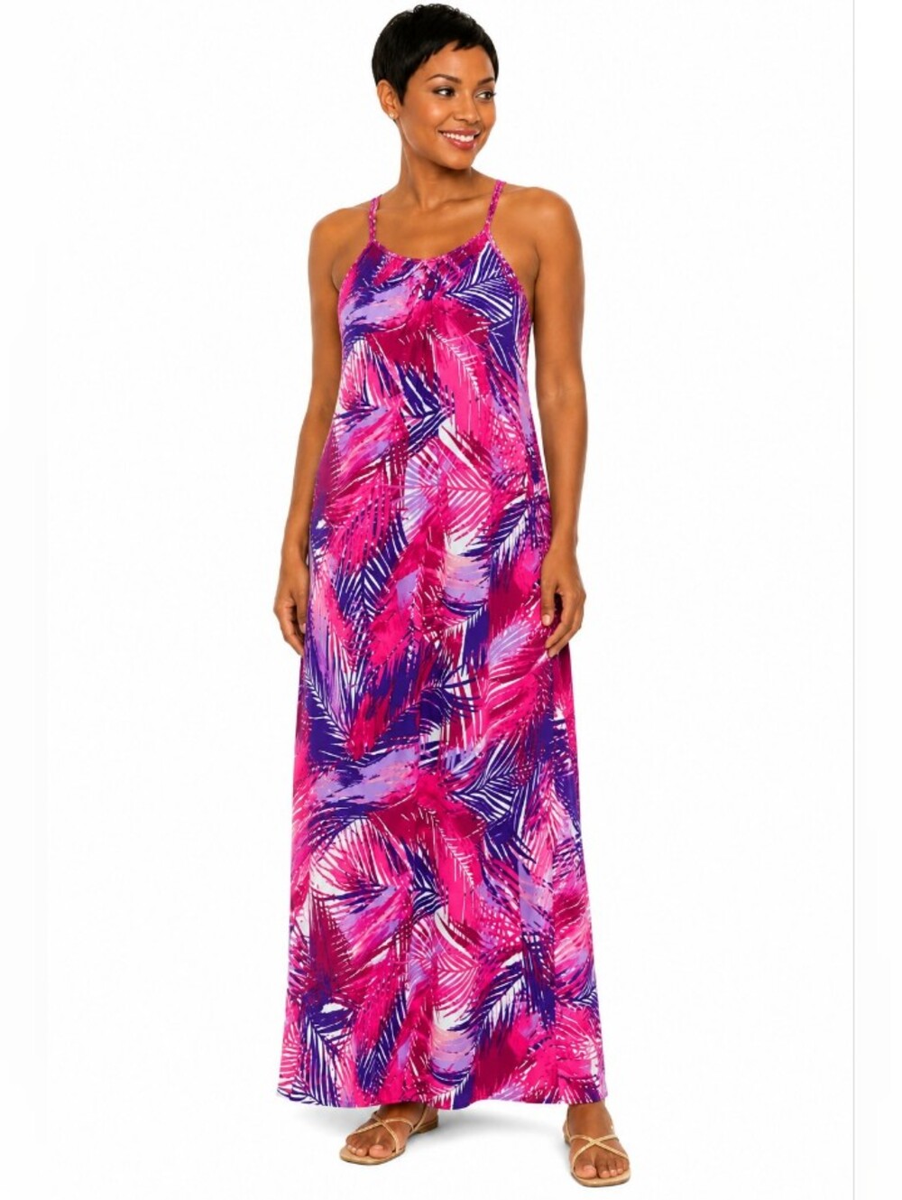 RAVIYA Pink & Purple Palm-Print Racer-back Maxi Dress - SIZE 0X- 14 NWT - Picture 1 of 7